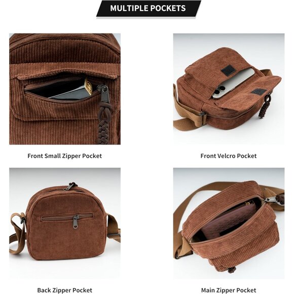 Small Brown Corduroy Crossbody Bag Mini Shoulder Purse with Zipper Pockets - Picture 2 of 6